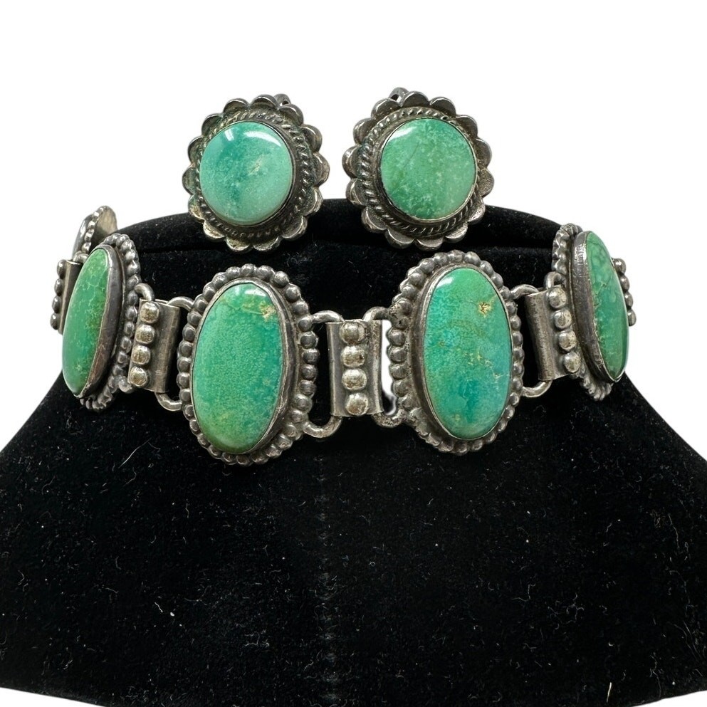 VTG 1920s Native American Bracelet Clip On Earring Set Sterling Silver Turquoise
