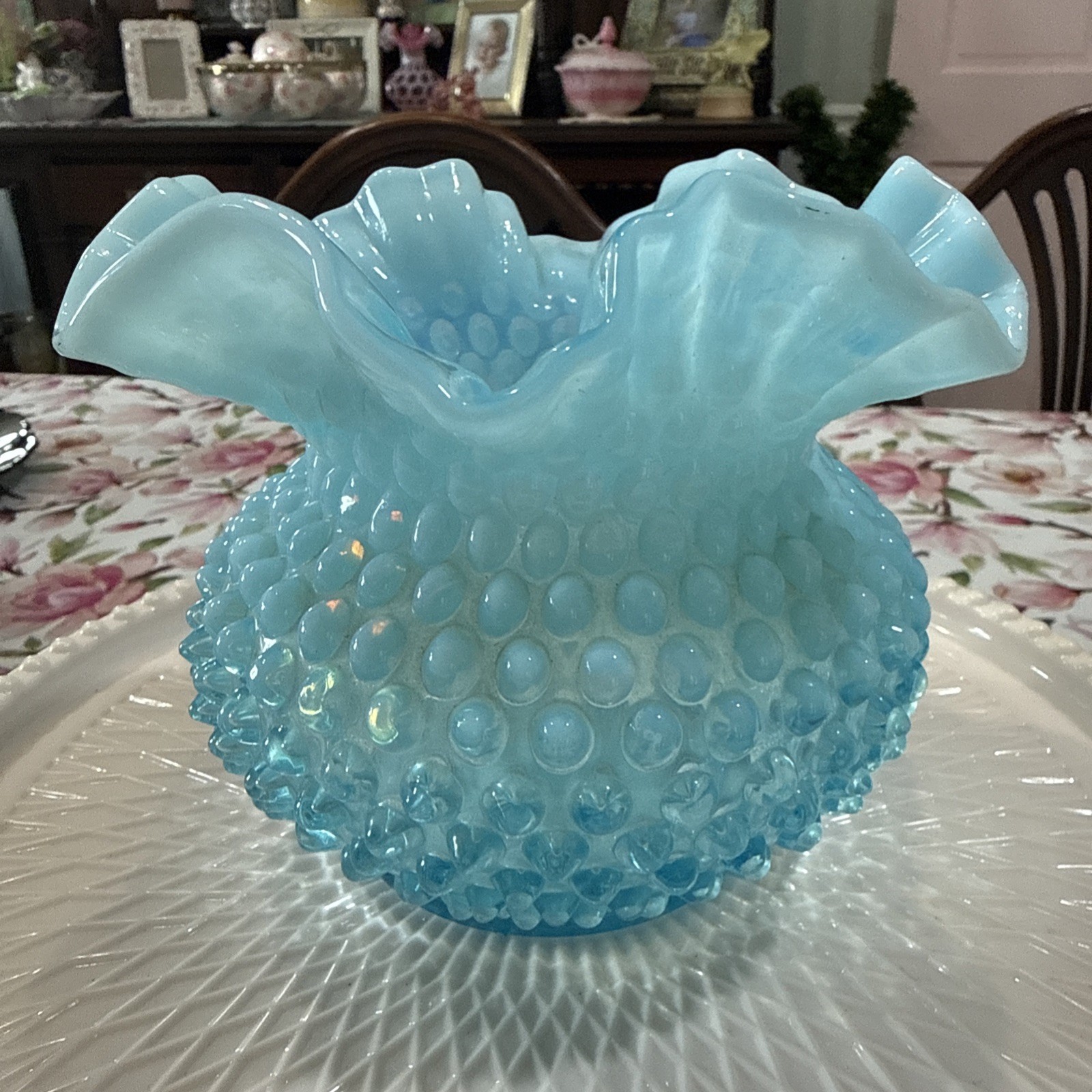 Vintage FENTON Blue Hobnail GLASS Ruffle Vase 5” T x 6” W Vintage FENTON Blue Hobnail GLASS Ruffle Vase 5” T x 6” W