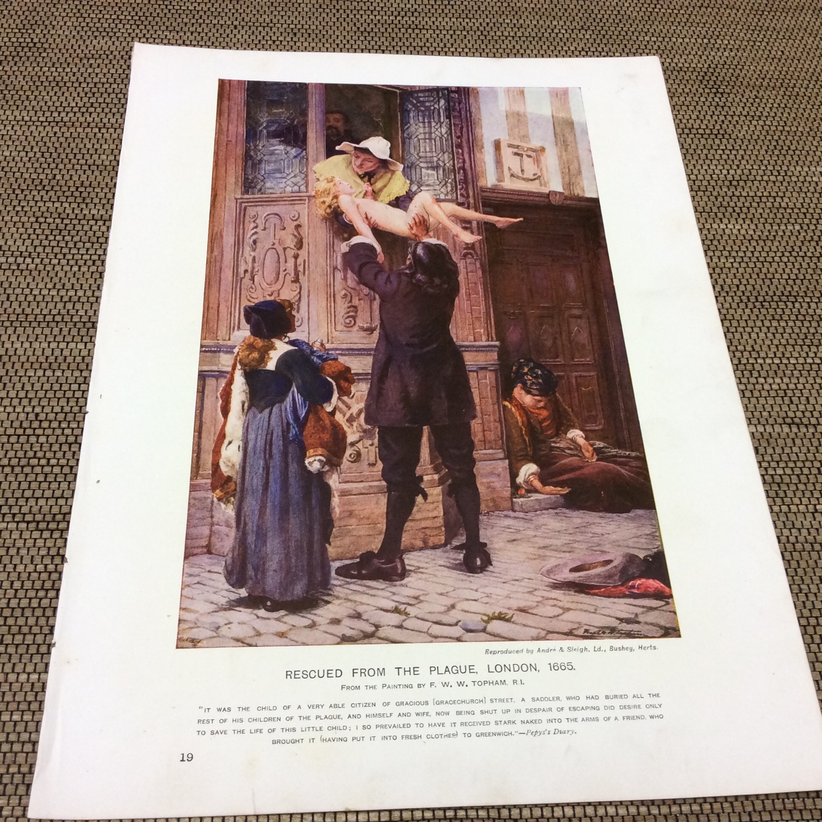 1912 Antique Colour Print - Rescued From the Plague - London (1665)