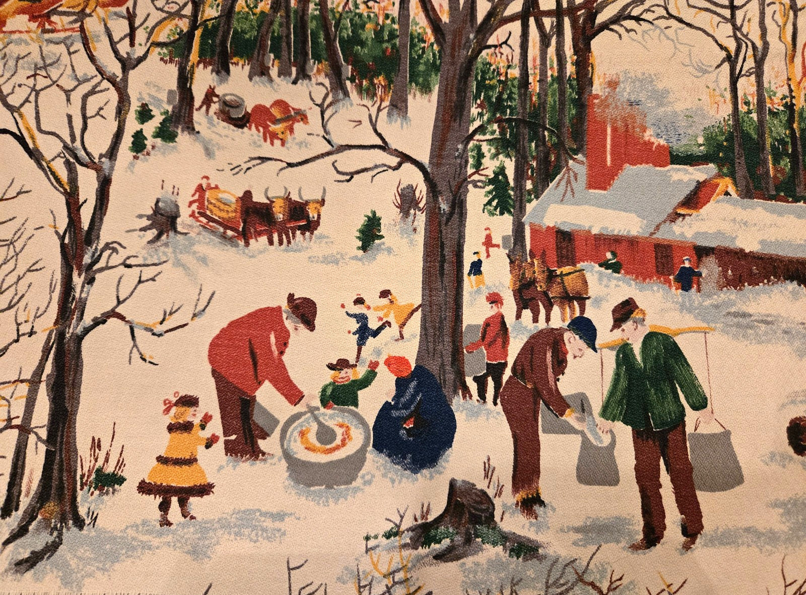 1940s Grandma Moses Snow SUGARING OFF Fabric Barkcloth Excellent Vtg  HTF NICE