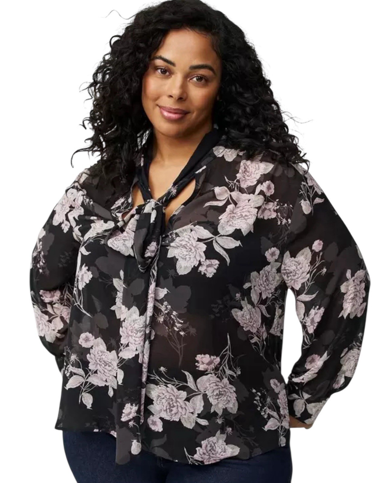 Torrid Women’s 1X Black Floral Chiffon Tie Neck Blouse Long Sleeve Career NWT