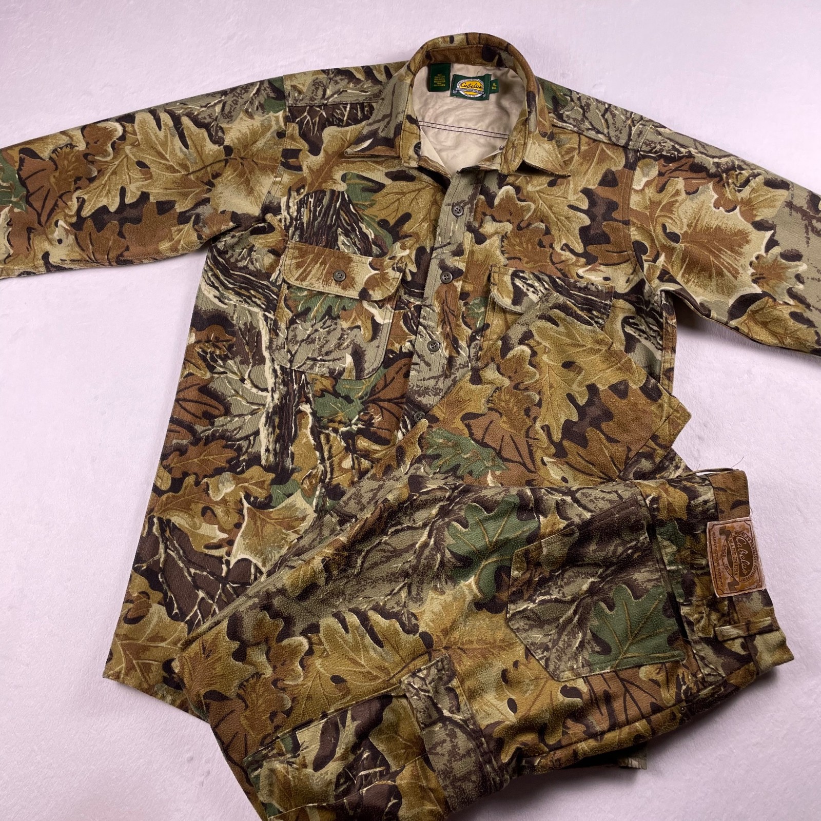 Vtg Cabelas Hunting Shirt Pants Set Mens M Tall Camo Leaf Woodland Outdoor USA