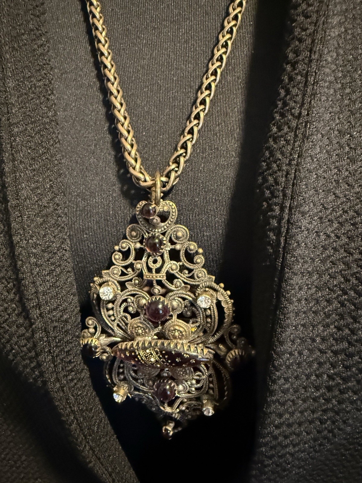 12.71 Vintage Gothic Filigree Pendant Necklace Purple Glass Rhinestone Statement