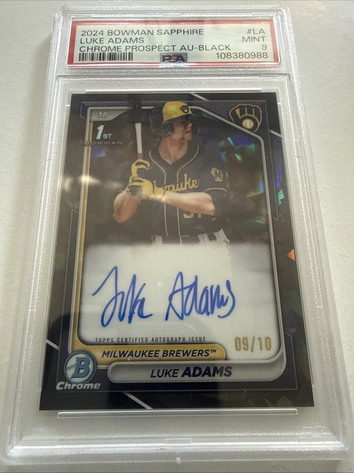 🔥2024 Bowman Chrome 1st Black Sapphire Luke Adams Auto /10 PSA 9 Mint SSP RC 🔥2024 Bowman Chrome 1st Black Sapphire Luke Adams Auto /10 PSA 9 Mint SSP RC