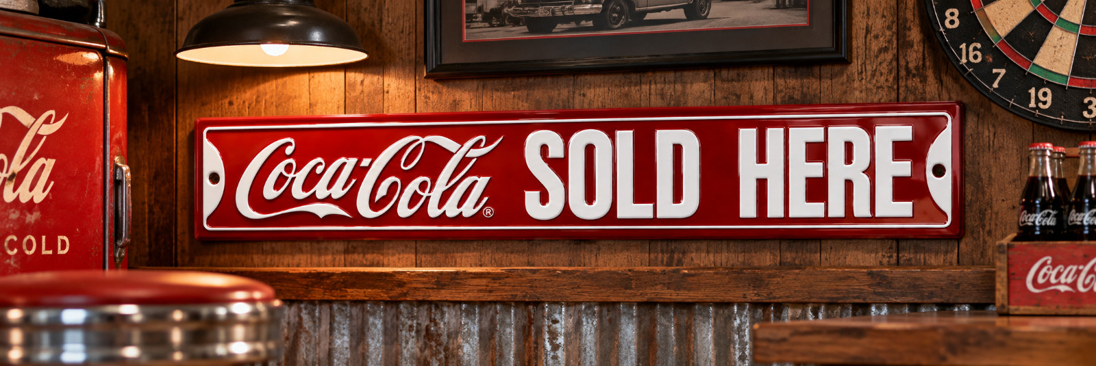COCA~COLA SOLD HERE Street Sign Ande Rooney Embossed Metal Soda Sign, 6” x 36”