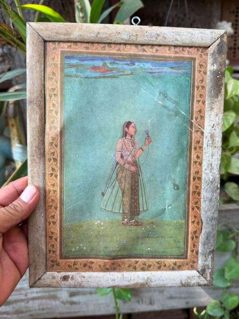 Vintage Indian Miniature Lady Portrait Painting Framed Folk Art Wall Decor 11x8 Vintage Indian Miniature Lady Portrait Painting Framed Folk Art Wall Decor 11x8