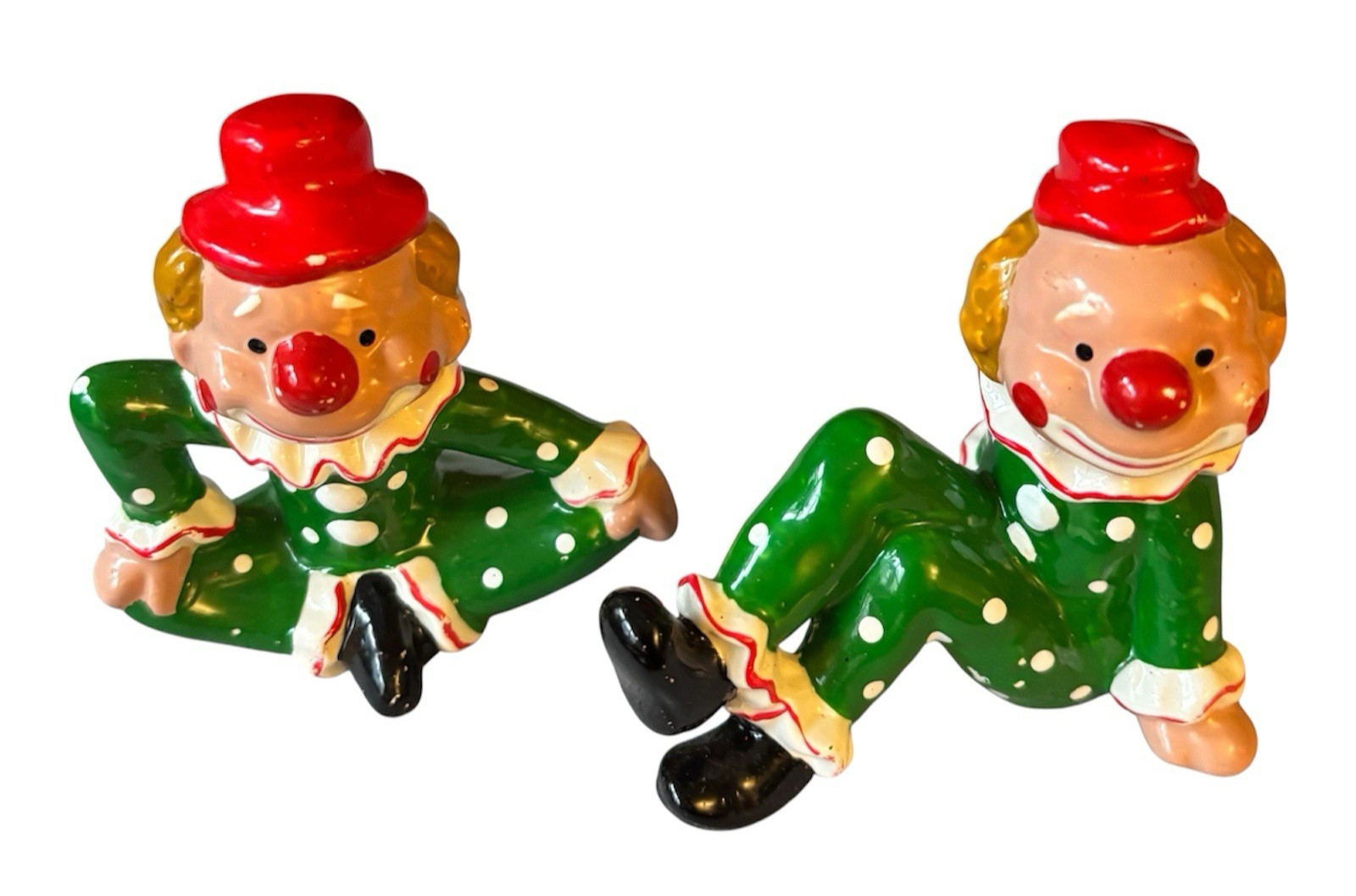 Happy Clowns Ceramic Figurines Vintage Retro Circus Figures Green Polka Dots