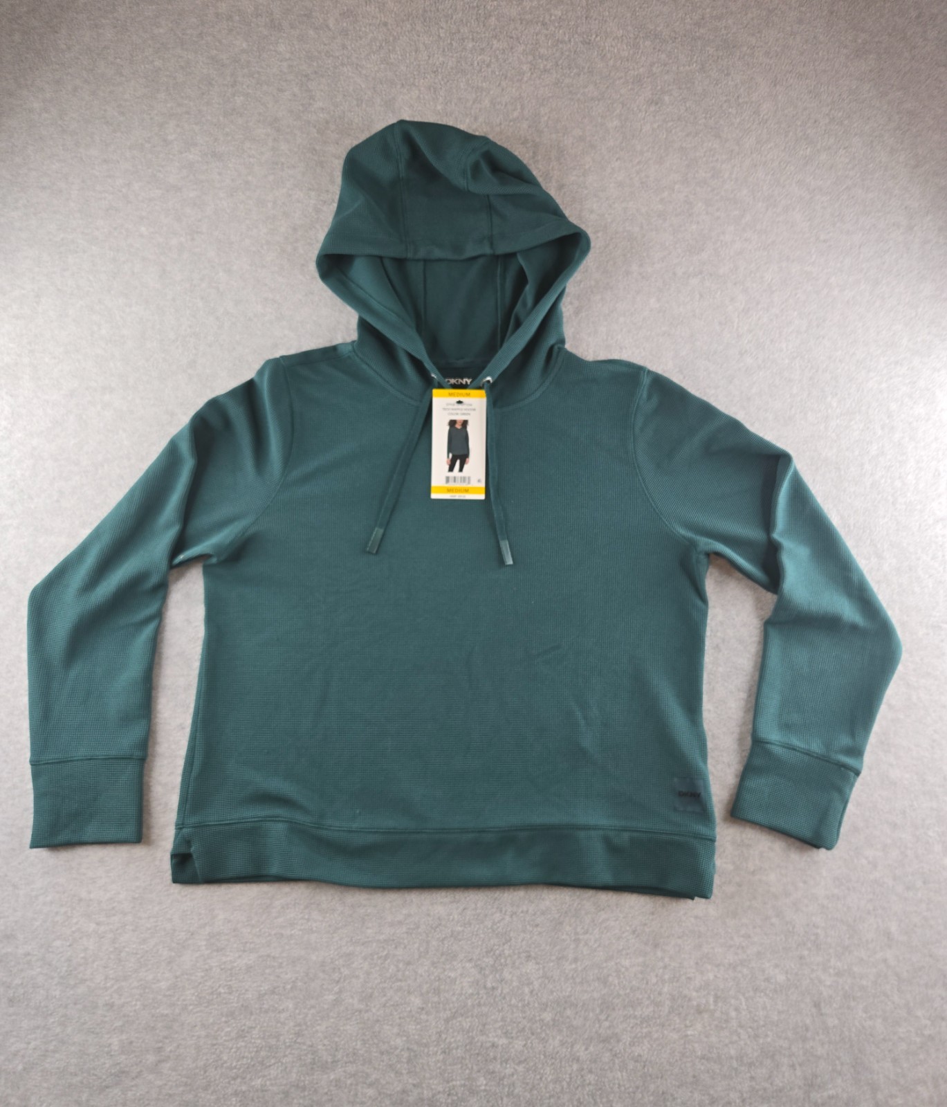 DKNY Women\'s Green Pullover Waffle Hoodie Drawstring Logo Solid Size M