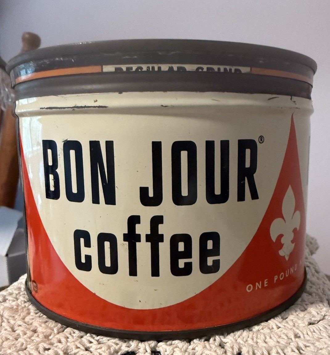 VINTAGE BON JOUR #1 KEYWIND COFFEE TIN COOL GRAPHICS VINTAGE BON JOUR #1 KEYWIND COFFEE TIN COOL GRAPHICS