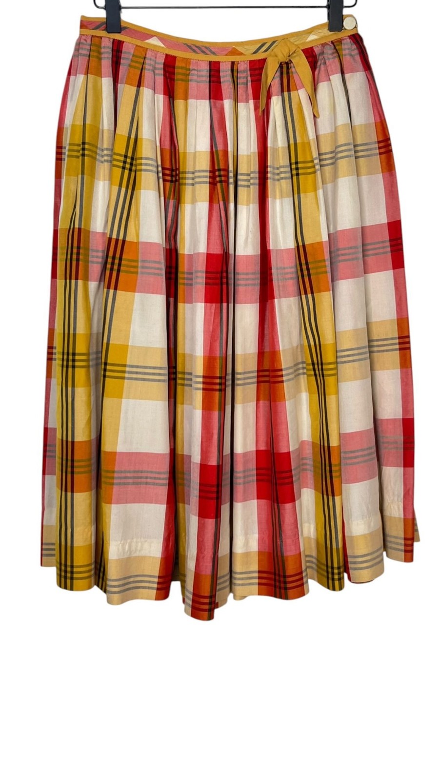Vintage 1950s Adele Martin Silk Skirt Plaid Knee Length Union Made Red Yellow XS