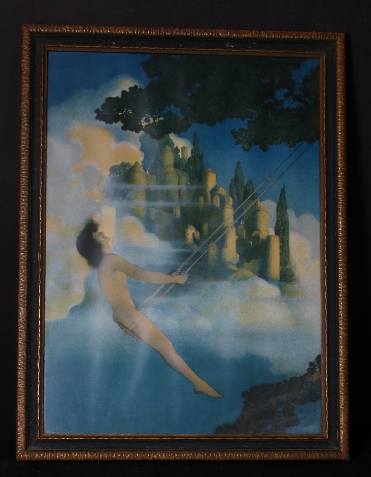 Antique MAXFIELD PARRISH Art Deco Chromolithograph Print DINKY BIRD Framed
