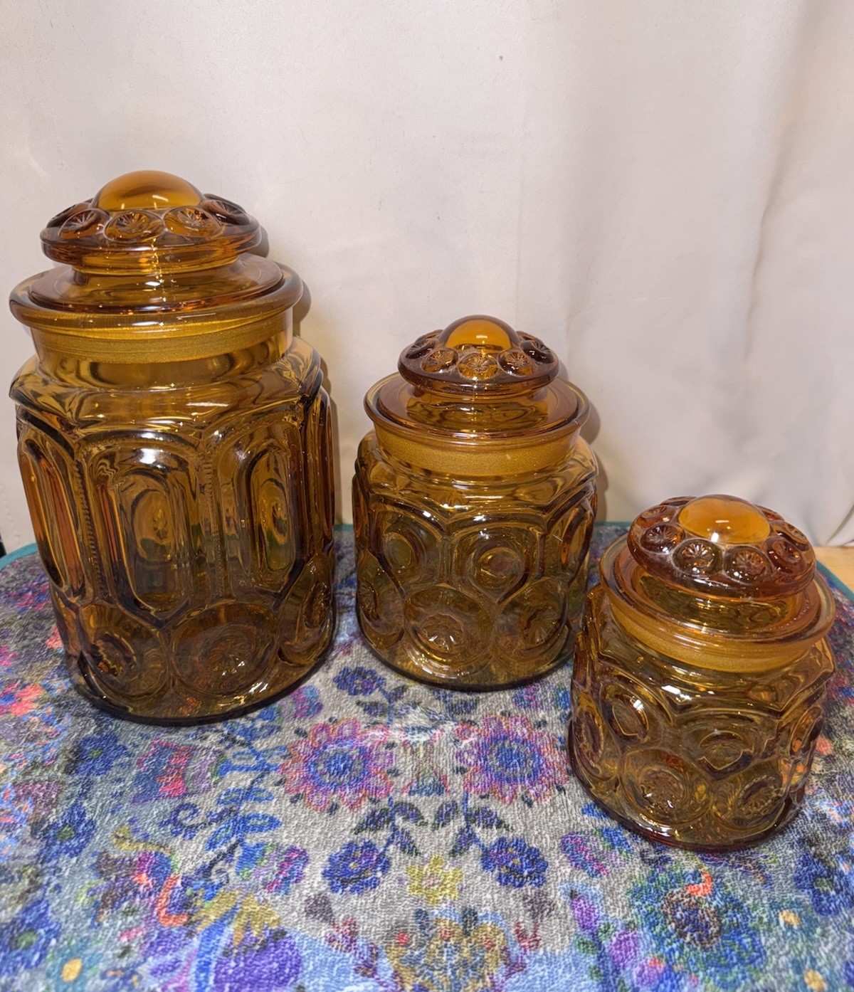 Vintage MCM L E Smith Moon & Stars Amber Glass Canisters Apothecary Jars