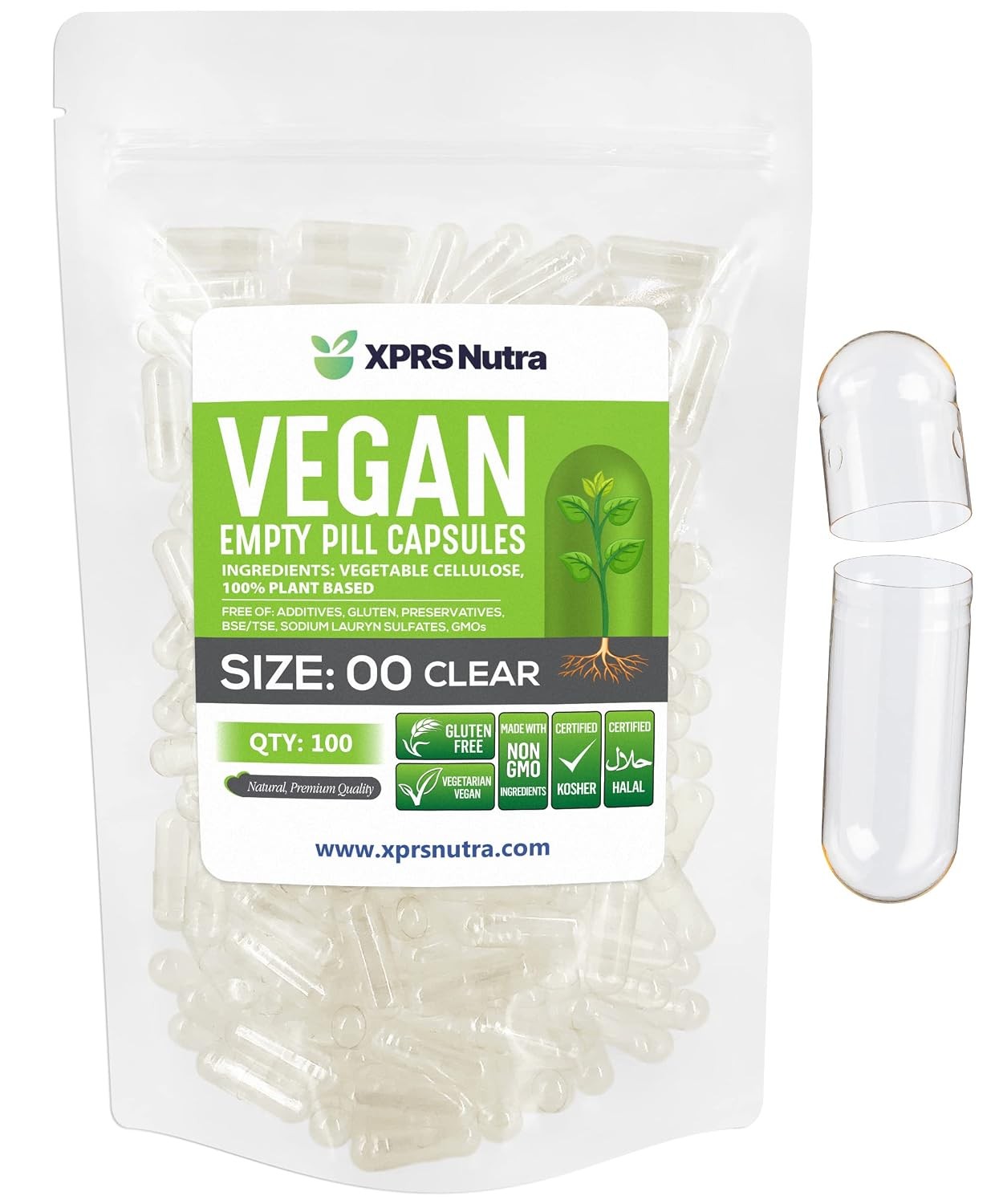 XPRS Nutra Size 00 Empty Capsules - 100 Count Clear Empty Vegan Capsules - Veget