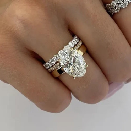 4.90CT Oval-Cut VS Lab Grown Diamond Trio Wedding Ring Set 14K Yellow Gold