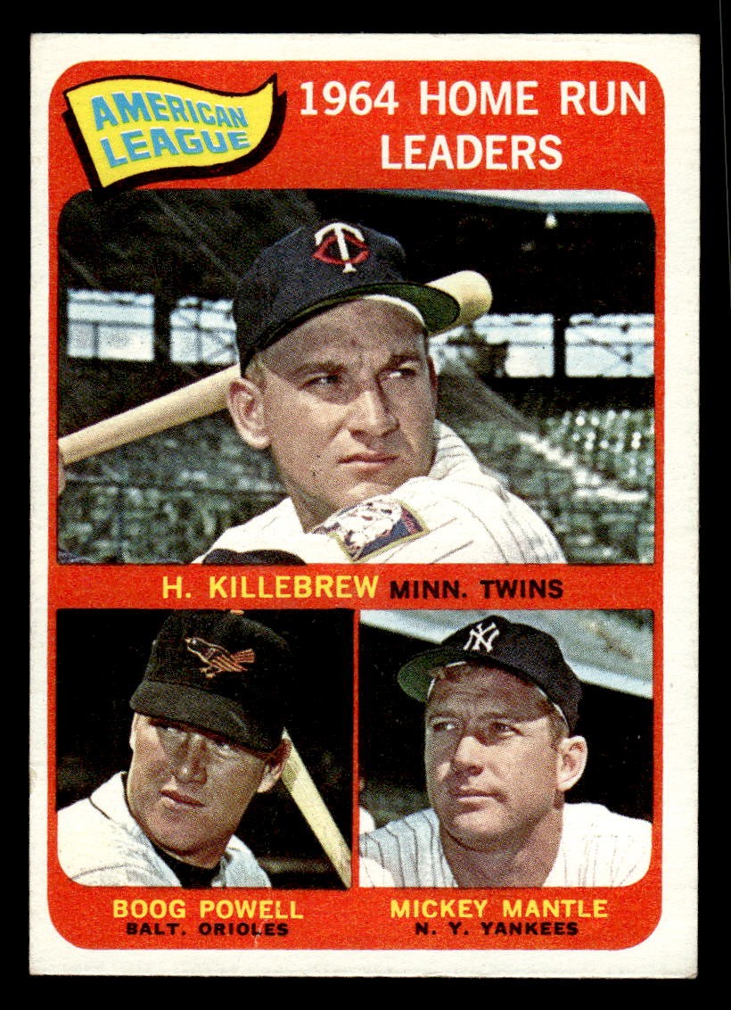 1965 Topps #3 AL Home Run Leaders Micky Mantle, Harmon Killibrew, Boog Powell 1965 Topps #3 AL Home Run Leaders Micky Mantle, Harmon Killibrew, Boog Powell