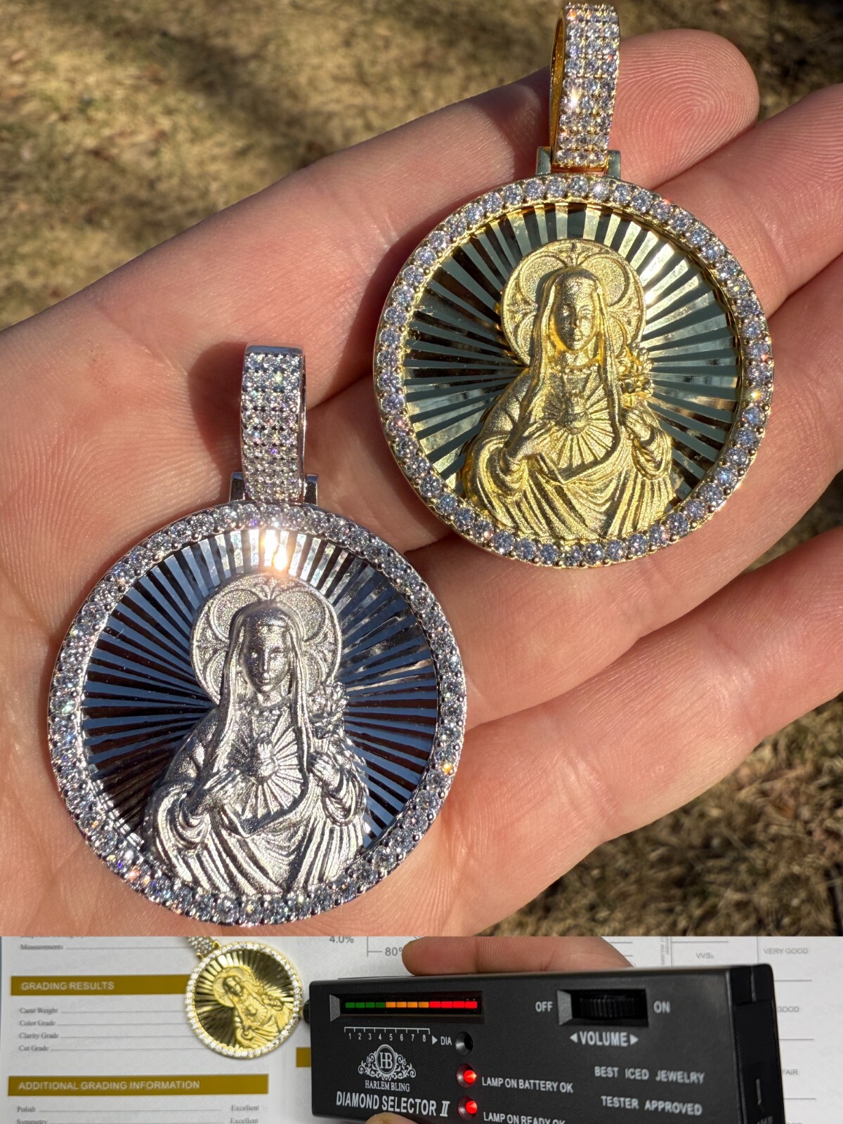 MOISSANITE Virgin Mary Round Medallion Pendant Real 925 Silver / Gold Necklace