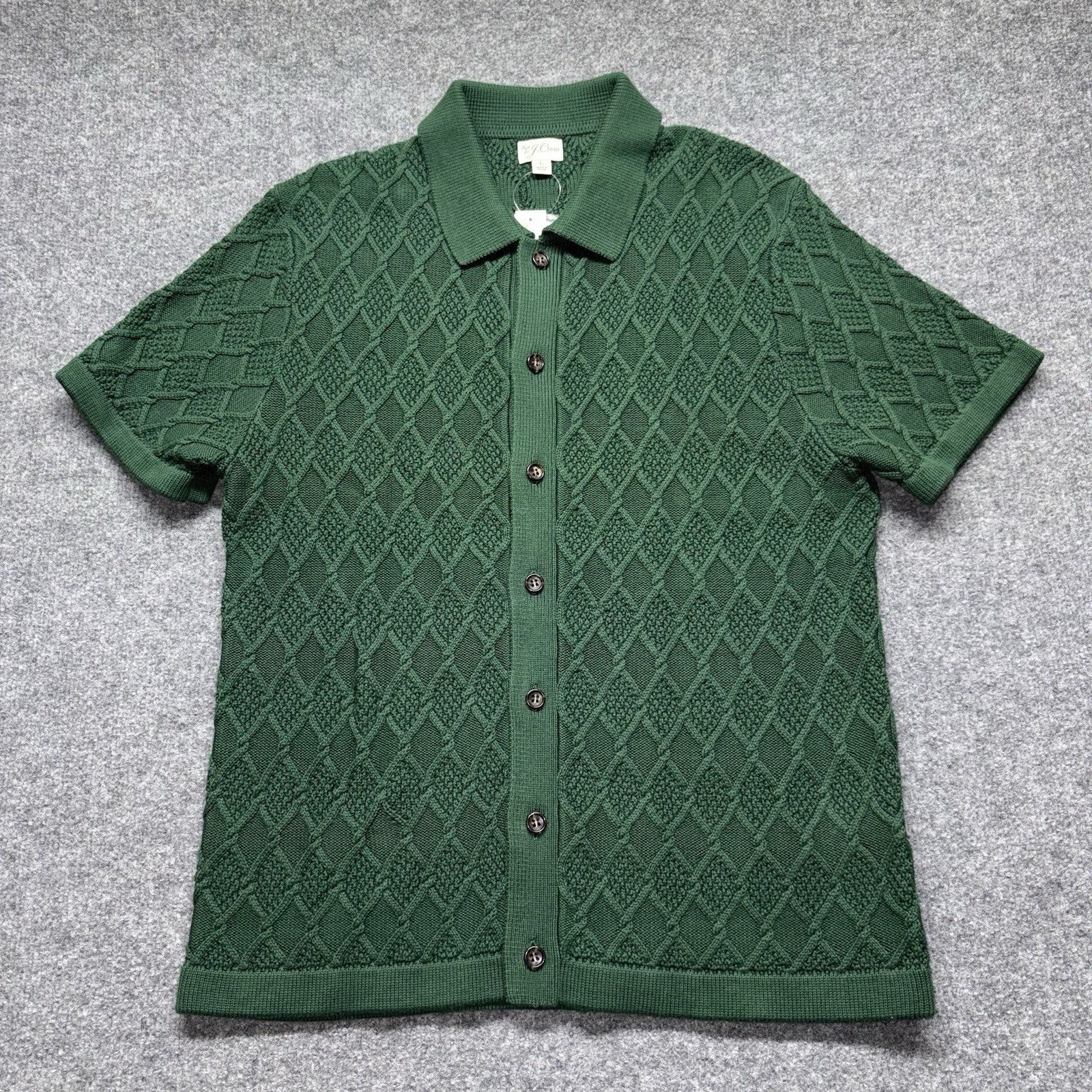 J.Crew Diamond Cable Knit Sweater Polo Shirt Mens L Green Short Sleeve NEW