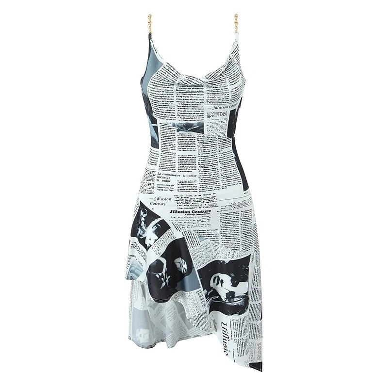 YENKYE New Women Newspaper Letter Print Irregular Hem Sling Dresses Fashion