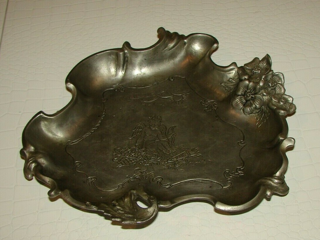 Art Nouveau Angel & Flowers design Maiden Pewter Card Tray / Dish Stamped