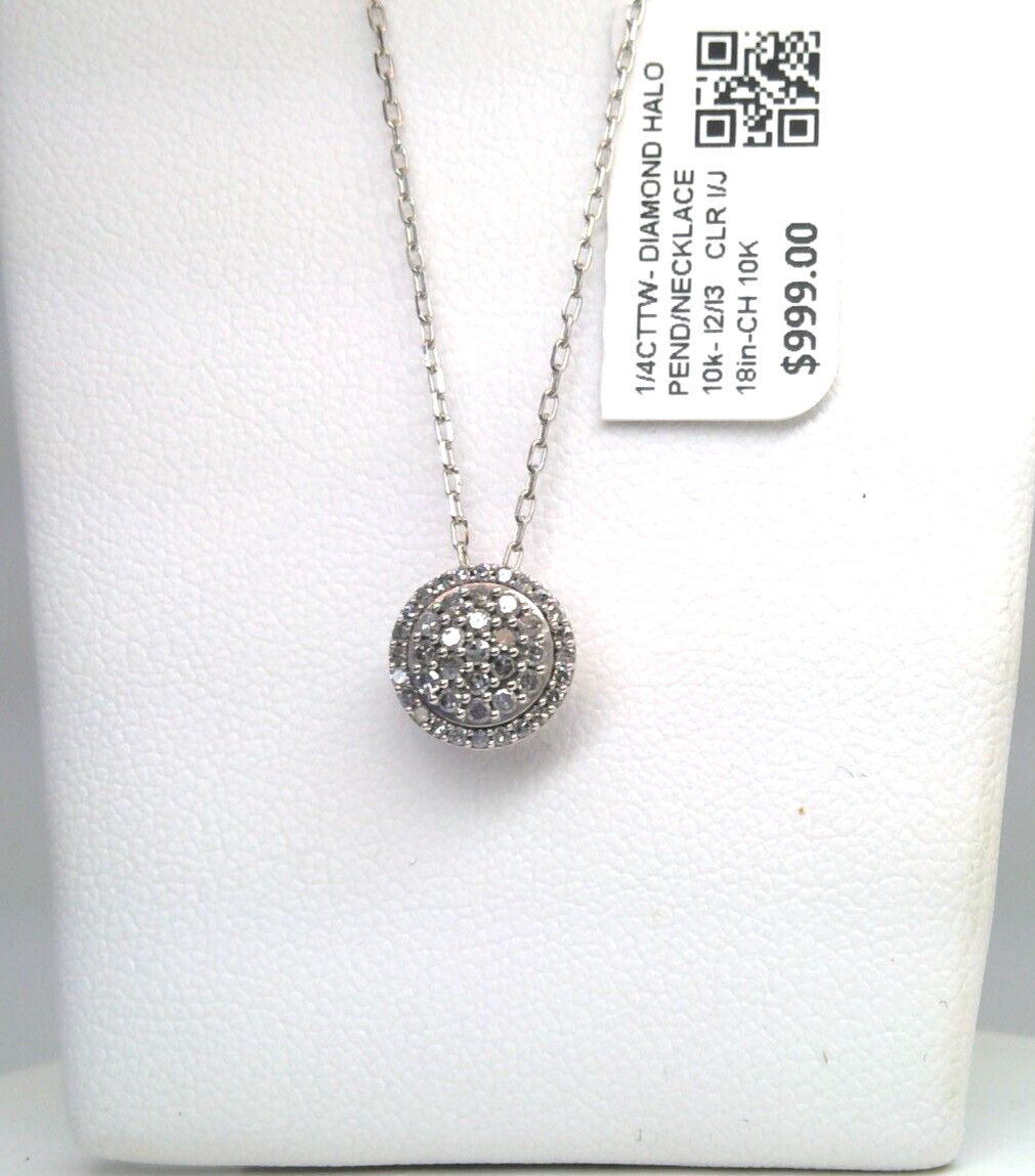 $1000- Certified Natural Diamond HALO PENDANT NECKLACE 10k WHITE Gold SOLID 18'