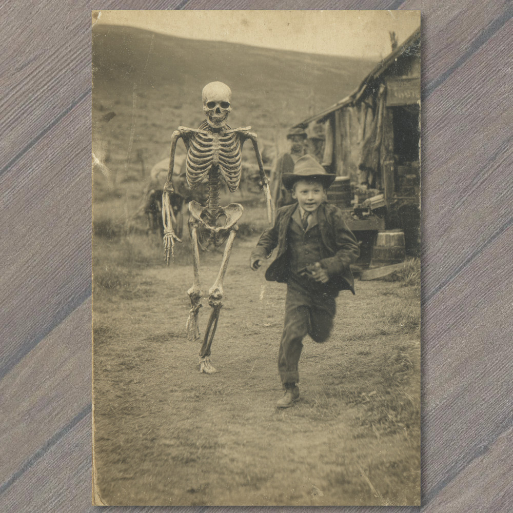 POSTCARD Boy Running Skeleton Halloween Creepy Funny Odd Antique Style Humor