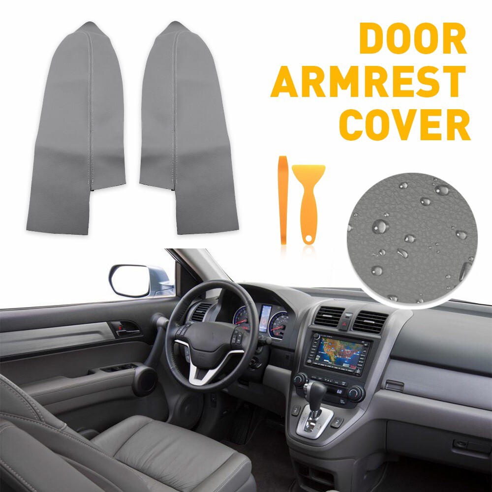 2pcs Front Armrest Panels Door Cover Fits Honda 2007-2012 CR-V CRV Leather Gray