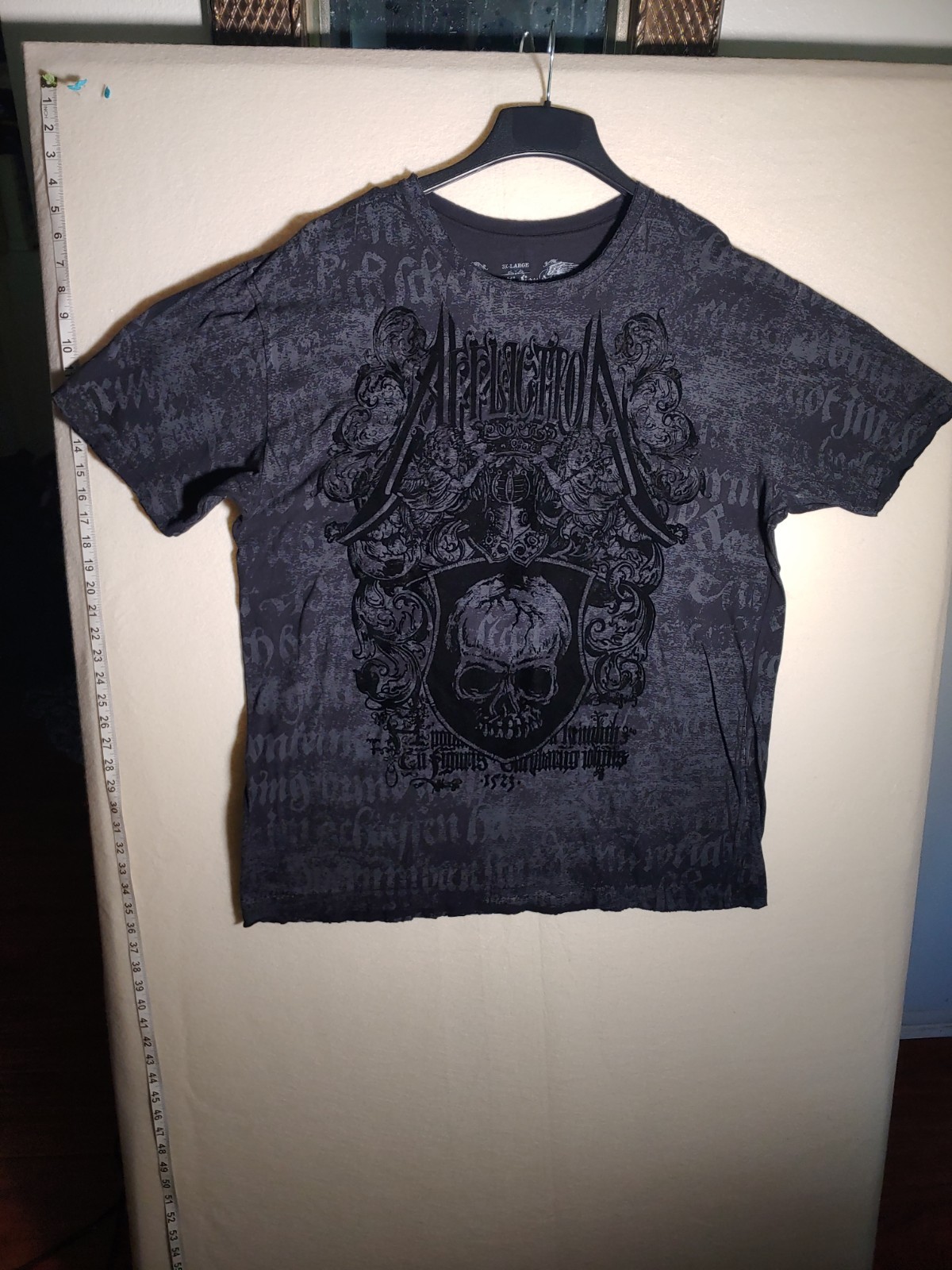 Vintage Affliction Y2K RARE Skull Black Tshirt 3XL ALL OVER PRINT w/FELT MAIN Ft