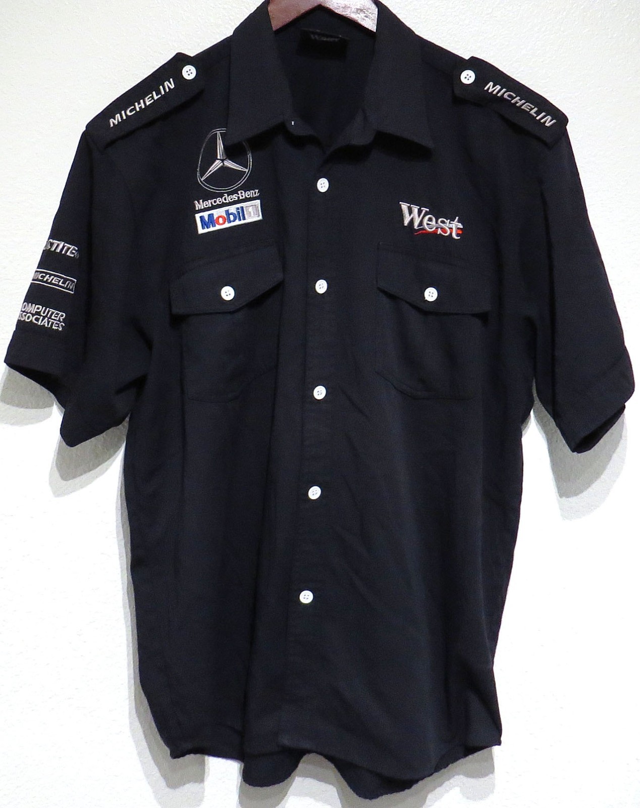 vtg MERCEDES WEST F1 Racing Team Shirt Fit LARGE 1998-2001 McLaren Michelin Boss