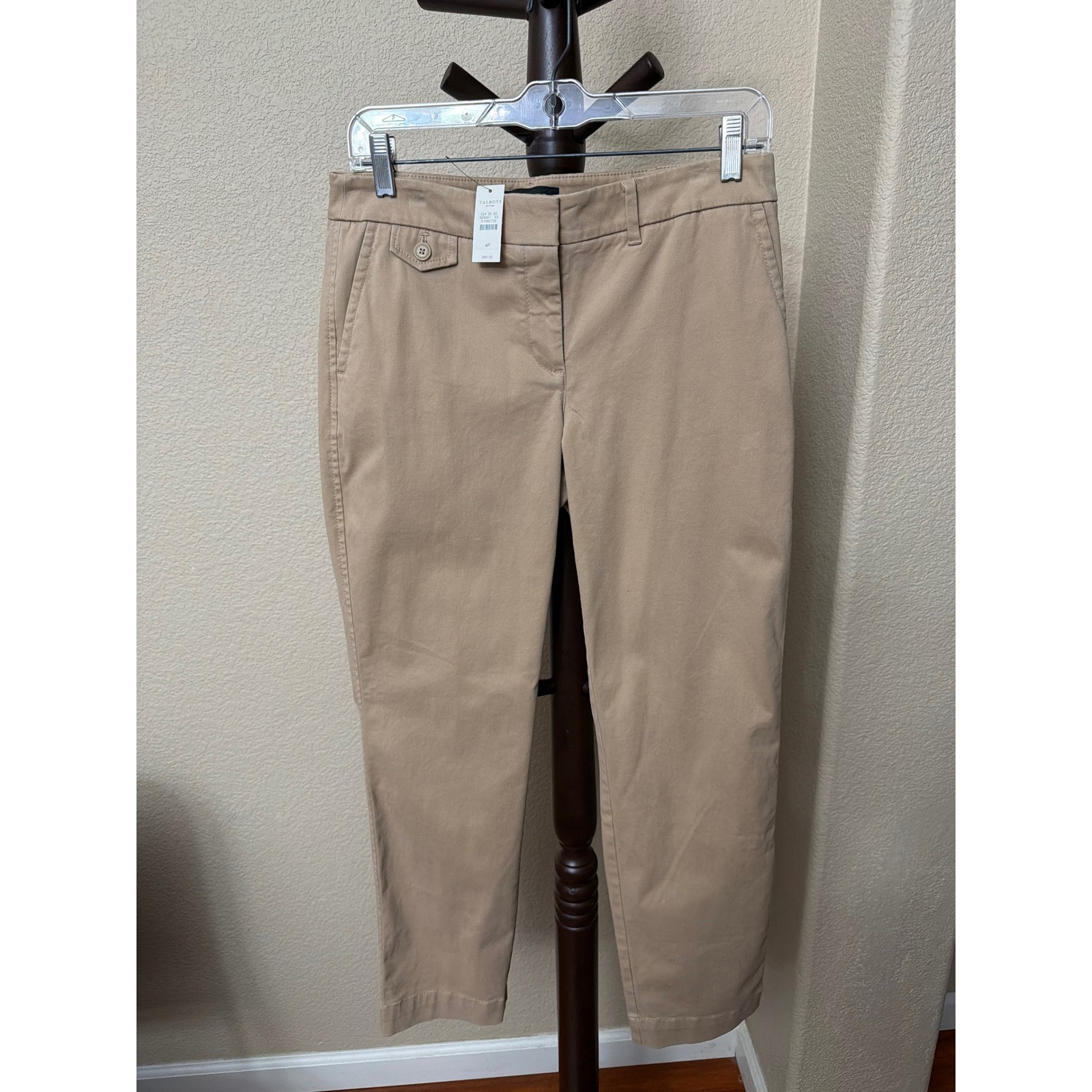 Talbots Petites Khaki Chino Pants Womens 4P Straight Leg Tan Cotton Blend NWT