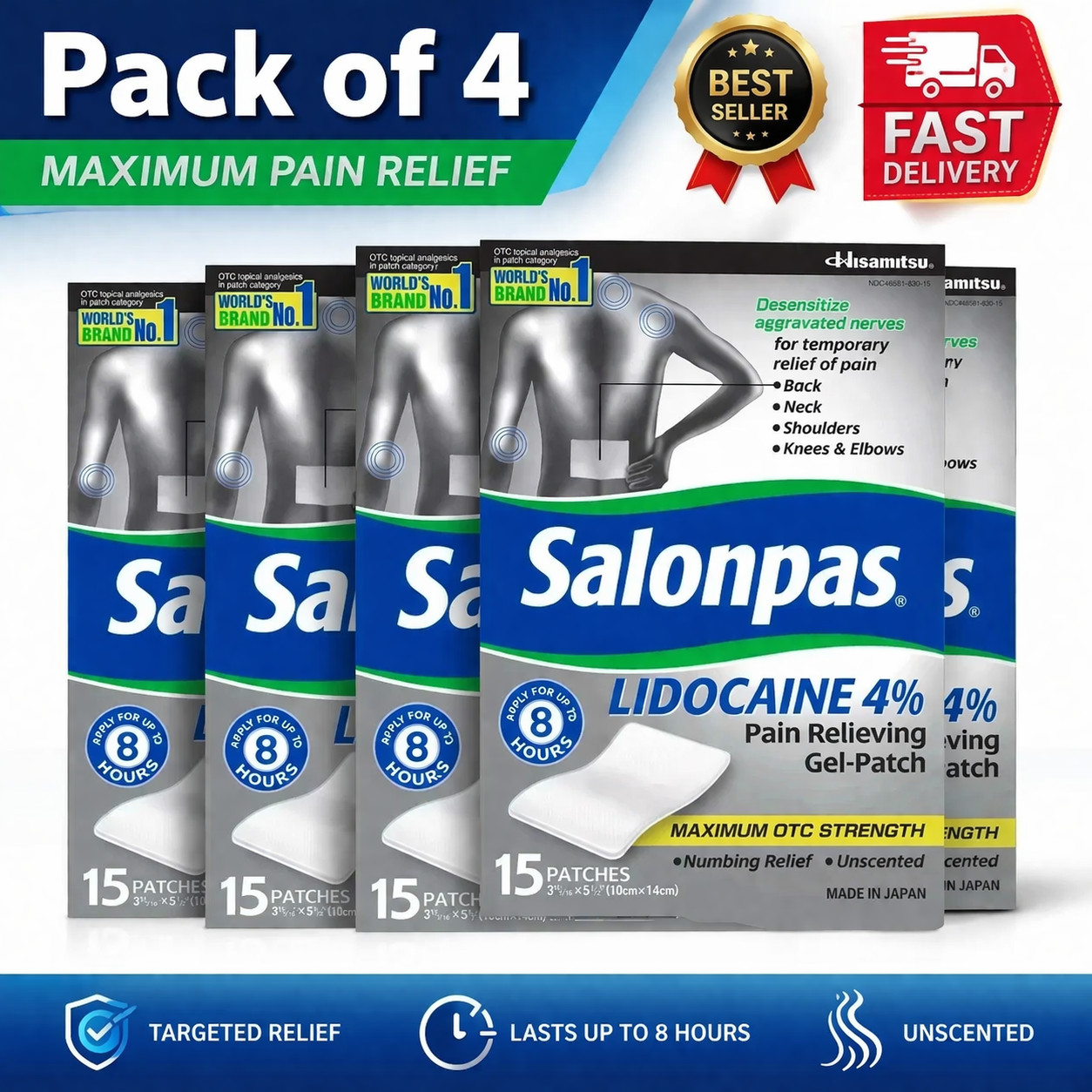 4 - Packs Salonpas LIDOCAINE 4% Pain Relieving Gel-Patch Maximum Strength
