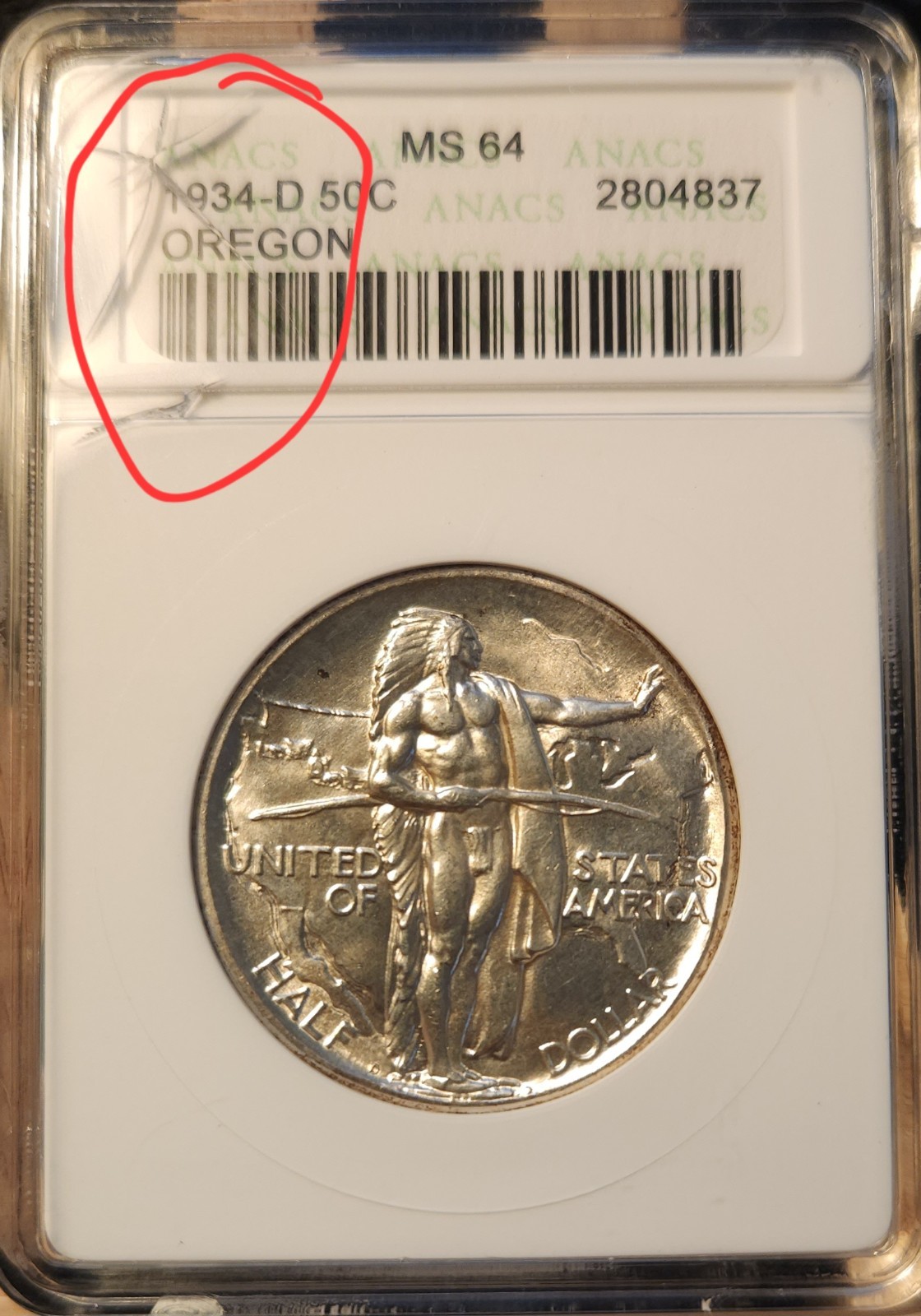 1934-D Oregon Silver Half Dollar Commemorative 50C ANACS Soapbox MS64