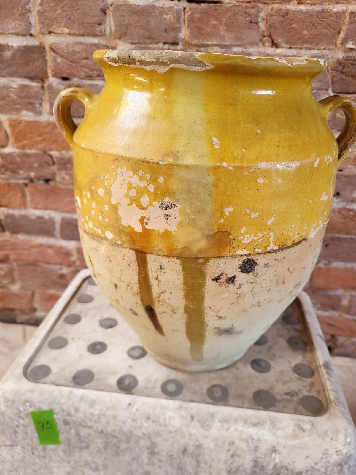 Antique French Confit Pot 19th Century, Yellow Glaze with drips, H29cm