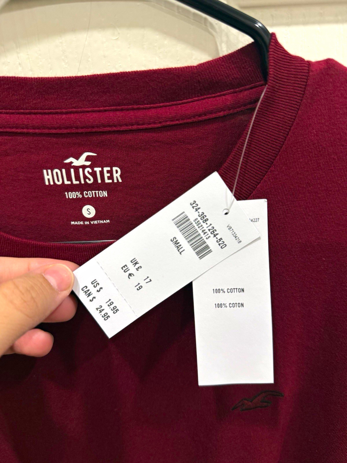 Hollister Men\'s Long Sleeve Crew Neck T-Shirt 100% Cotton Burgundy Solid S Hollister Men\'s Long Sleeve Crew Neck T-Shirt 100% Cotton Burgundy Solid S