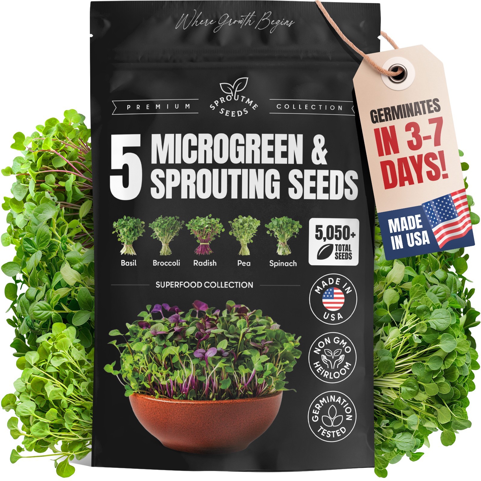 Microgreens Sprouting Seeds Mix, 5 Varieties, Non-GMO Heirloom, 5050+ Seeds