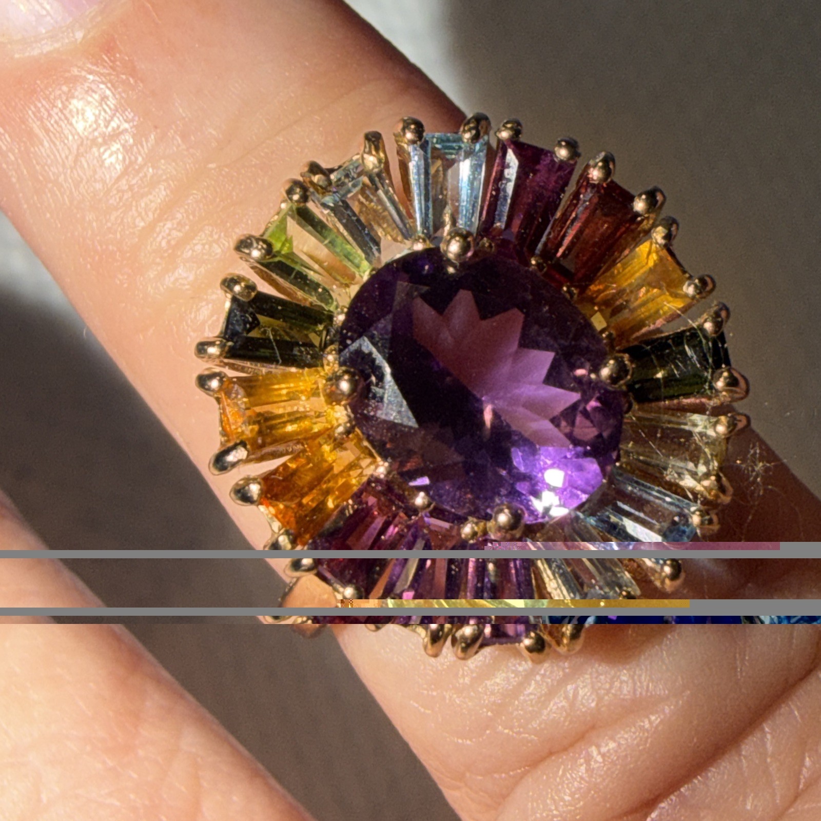 Vintage MCM 10k Gold Multi Gemstone Rainbow Halo Cocktail Ring 7 Vintage MCM 10k Gold Multi Gemstone Rainbow Halo Cocktail Ring 7