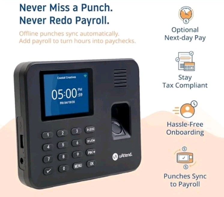 uAttend RE2000 Biometric Time Clock for Employees Fingerprint + PIN Punching