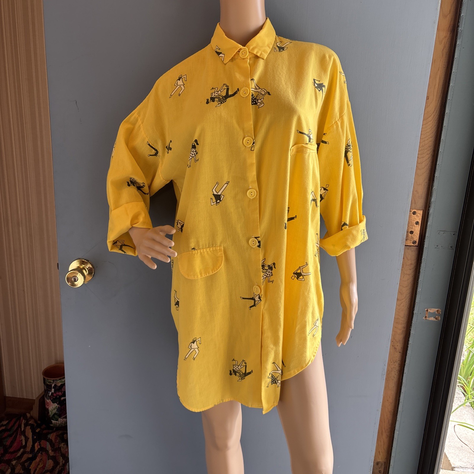 Vintage 70s Dance Novelty Print  Oversized Yellow Blouse Shirt Dress