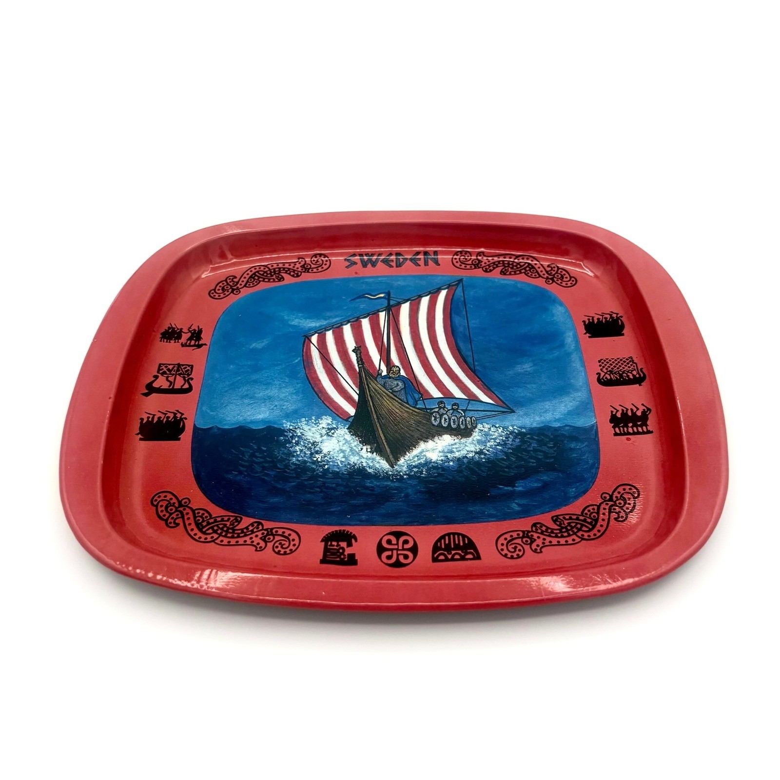 Vintage Sweden Viking Ship Novelty Metal Tray Red Nordic Souvenir Folk Art MCM