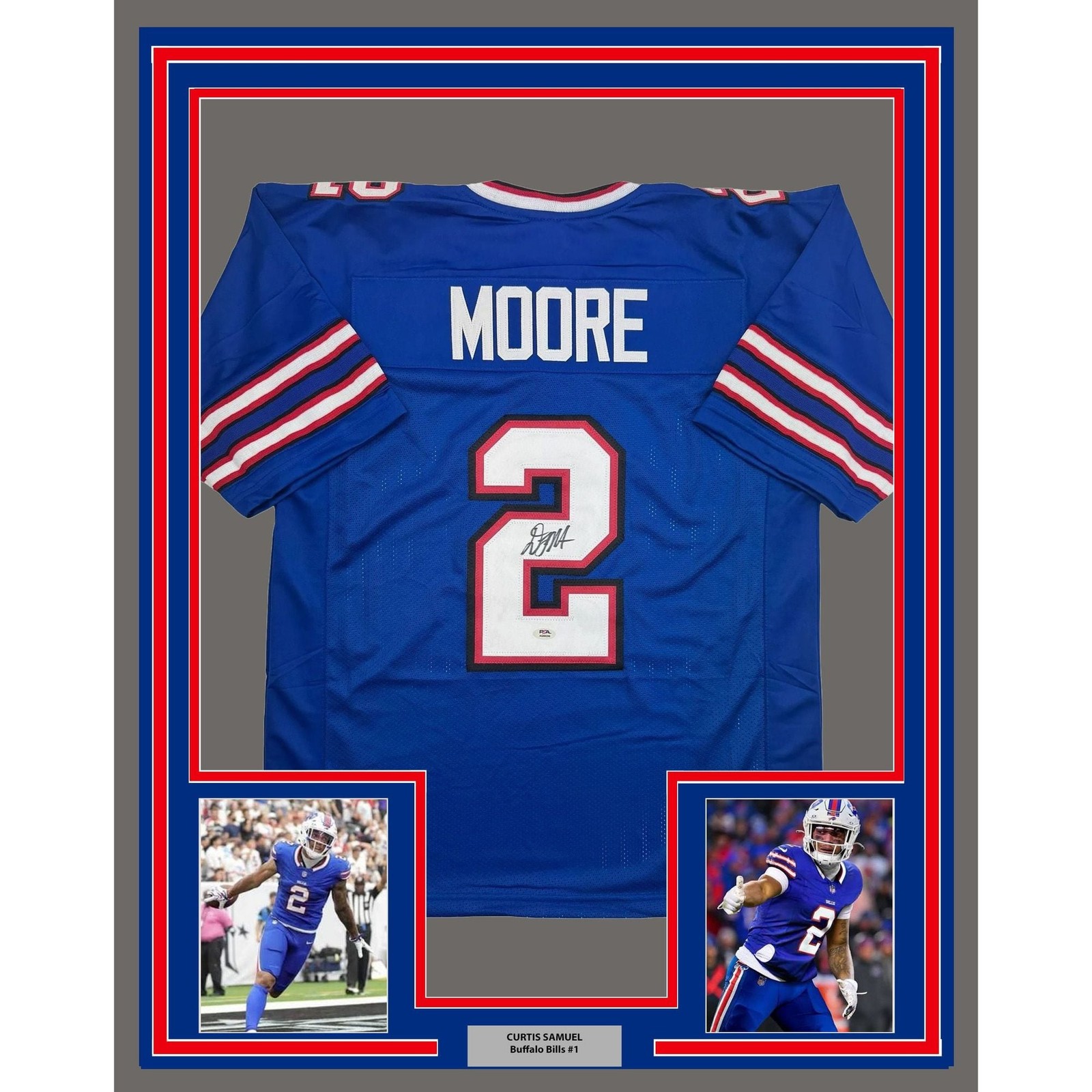 Framed Autographed/Signed D.J. DJ Moore 35x39 Buffalo Blue Jersey PSA COA