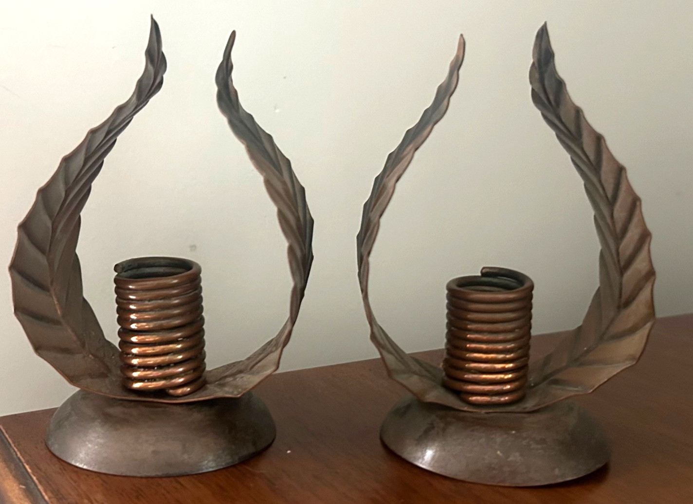 Vintage Rebajes Pair Copper Coiled Leaf Candlestick Holders