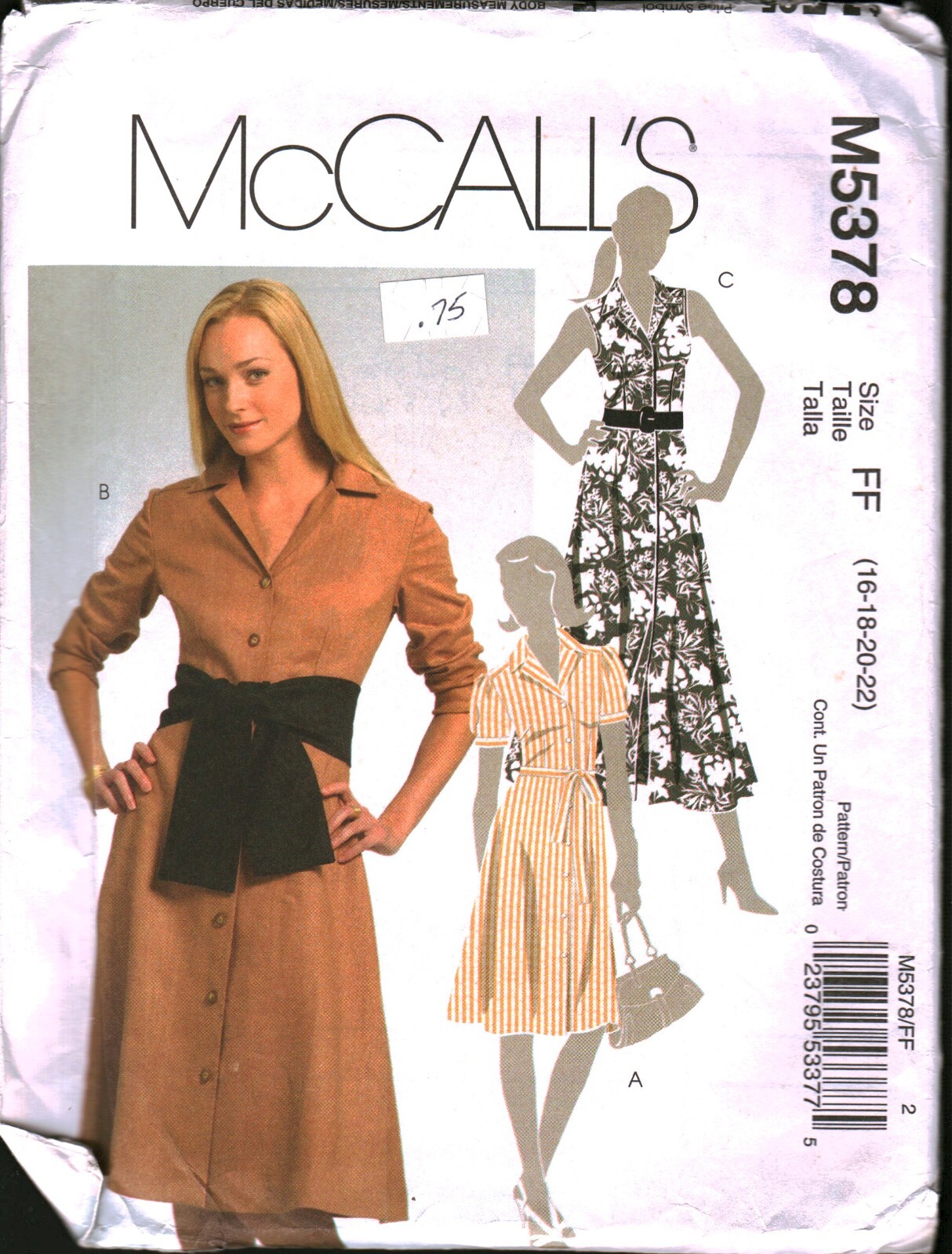 5378 Vintage McCalls SEWING Pattern Misses Buttoned Front Belt Dress Sash UNCUT