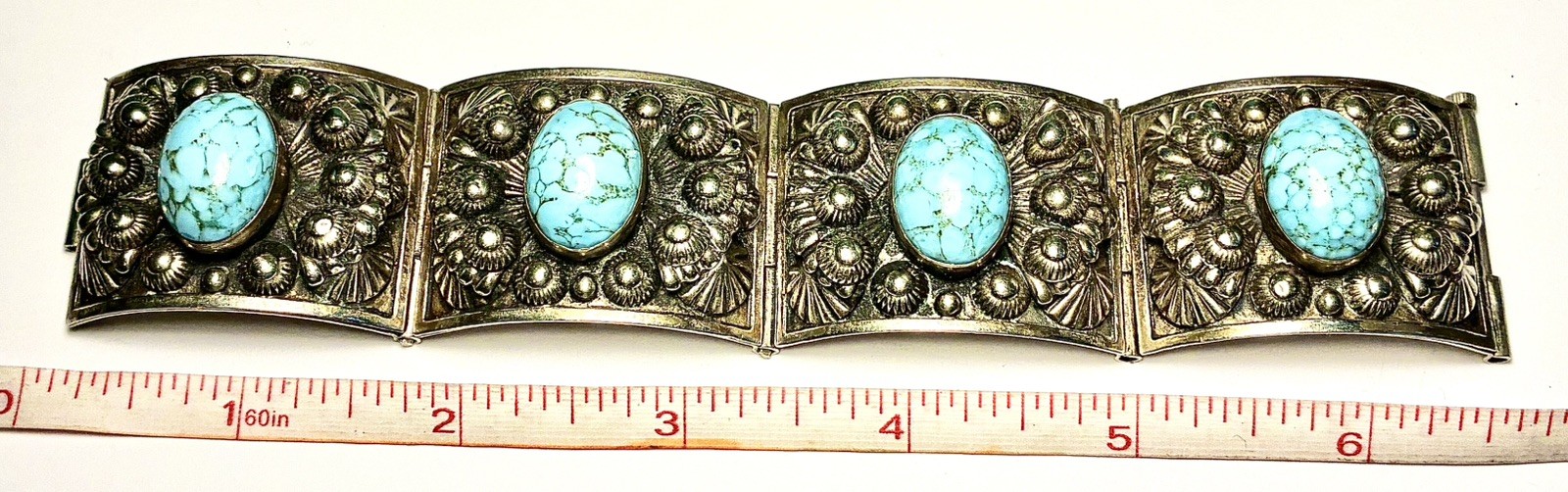 Vintage Etruscan Revival Faux Turquoise Hinged Panel Bracelet Mark 9 Clasp 6.5\