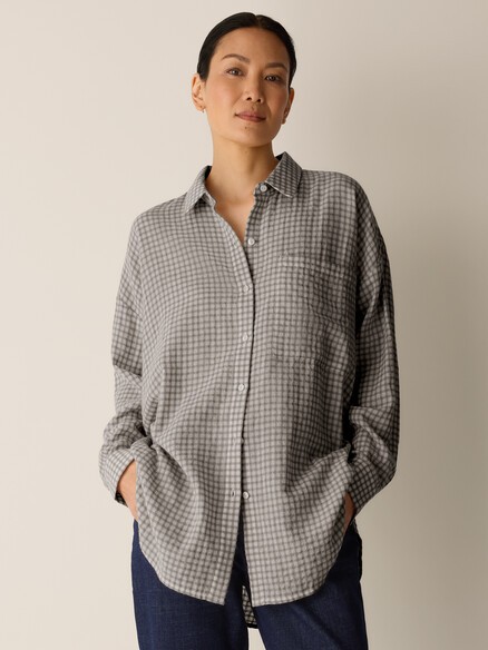 Eileen Fisher Wool Cotton Check Classic Collar Long Shirt, PLASTER NEW WT Eileen Fisher Wool Cotton Check Classic Collar Long Shirt, PLASTER NEW WT