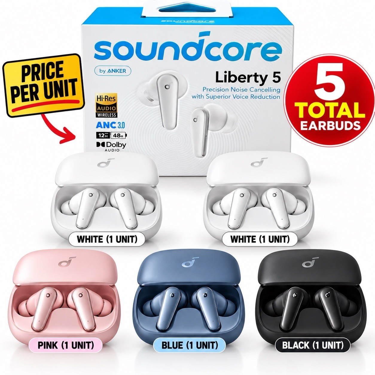 Soundcore Liberty 5 Wireless Earbuds ANC 3.0 Dolby -only White N Pink Left Soundcore Liberty 5 Wireless Earbuds ANC 3.0 Dolby -only White N Pink Left