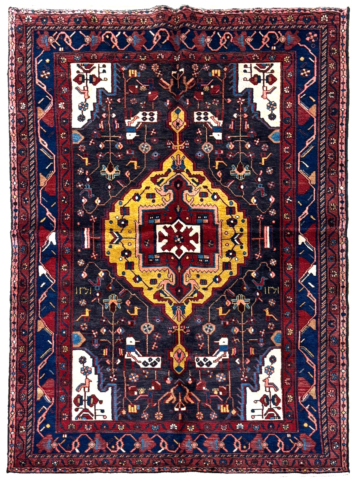 Vintage Nahavand Tribal Geometric Hand Knotted Wool 5x8 Oriental Blue Area Rug