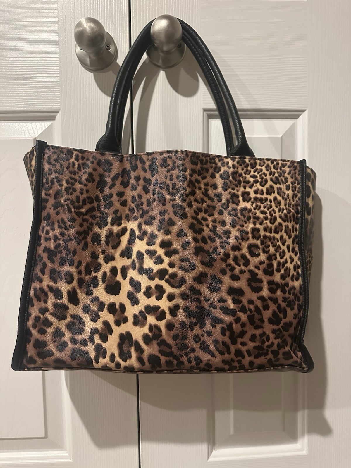 Neiman Marcus Leopard Animal Print Tote Zip Top Double Handles Lined Pockets