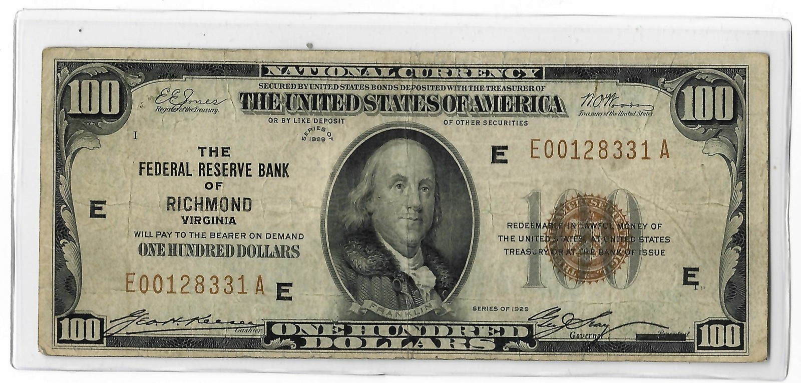 1929 $100 FEDERAL RESERVE BANKNOTE, RICHMOND VA FR#1890E - VERY FINE