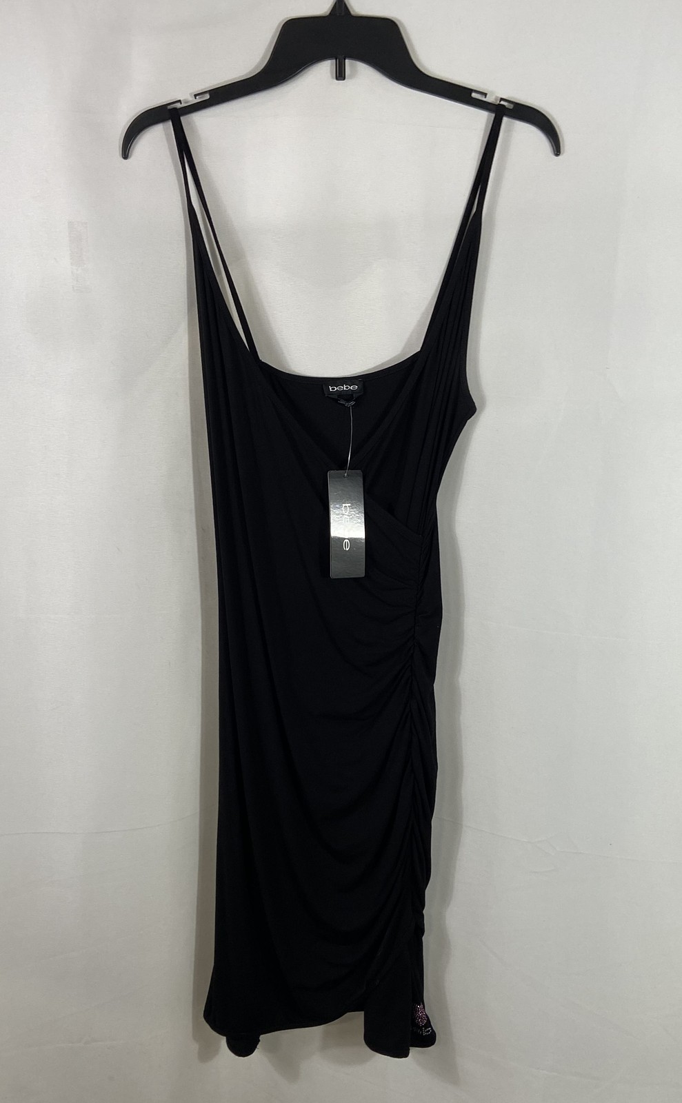 Bebe Women\'s Black Ruched Viscose Spaghetti Strap Bodycon Dress Sz M NWT