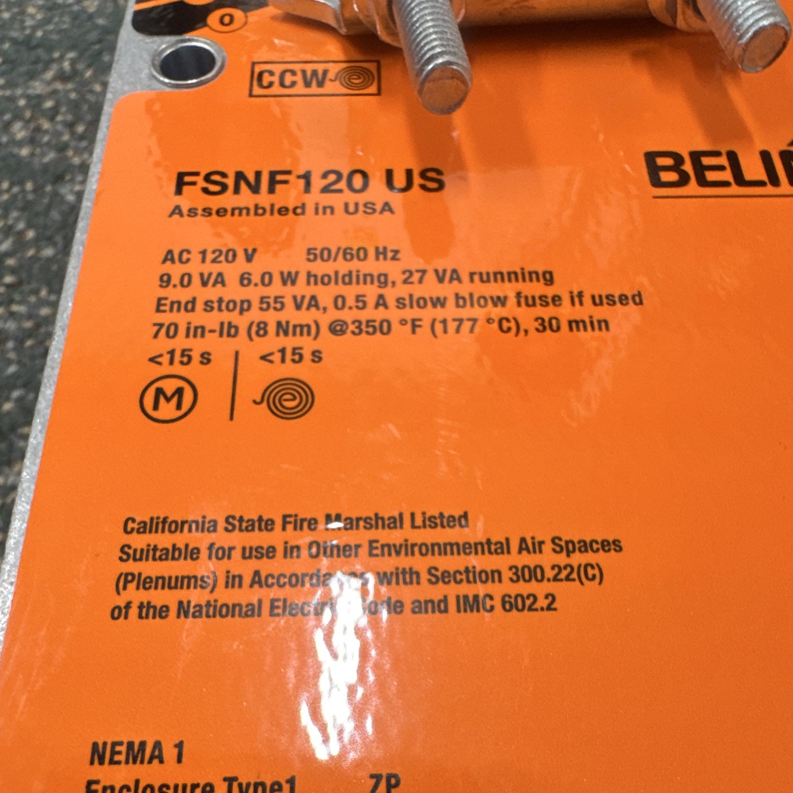 Belimo FSNF120 US 120V HVAC Damper Actuator, Metal, Corded Electric