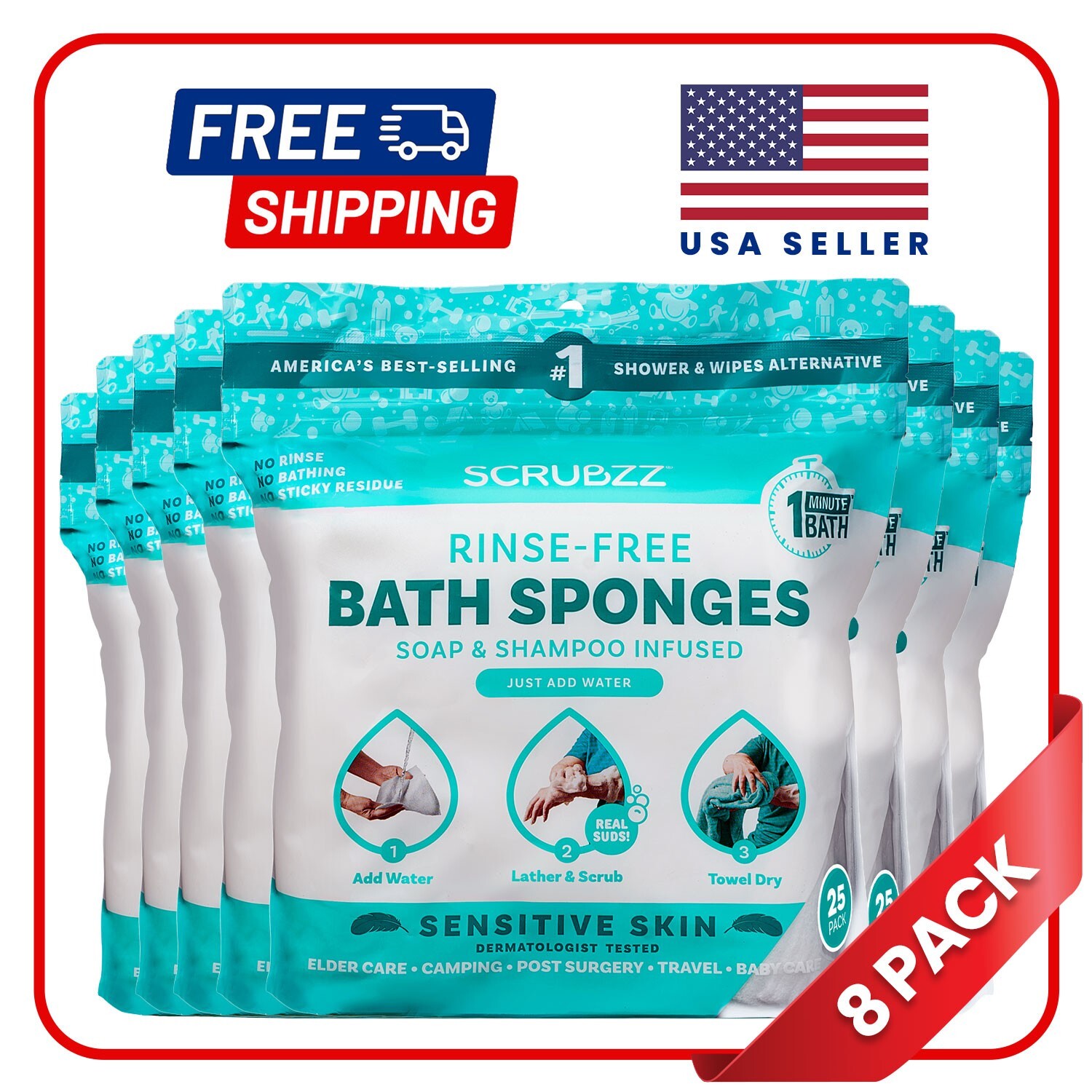 Scrubzz Disposable Rinse Free Bathing Sponges - Sensitive Skin, 200 Count Scrubzz Disposable Rinse Free Bathing Sponges - Sensitive Skin, 200 Count